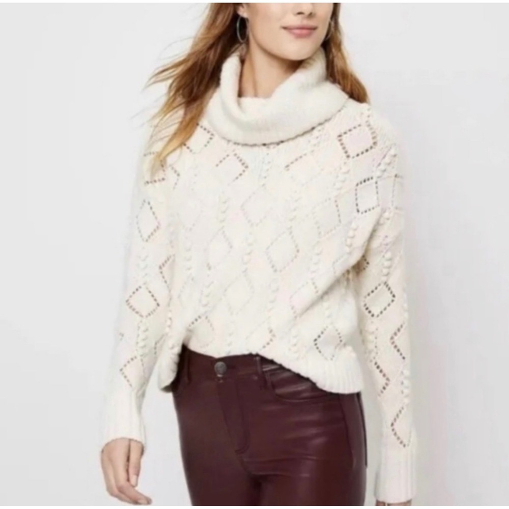 Loft Cowl Neck Sweater Womens‎ Medium Ivory Wool Blend Diamond Pointelle 533185